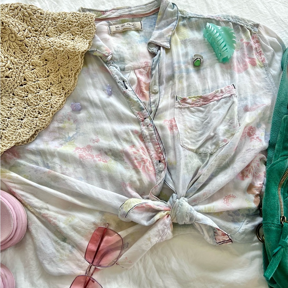 Soft Floral Tie-Front Button Shirt - Pastel Multi